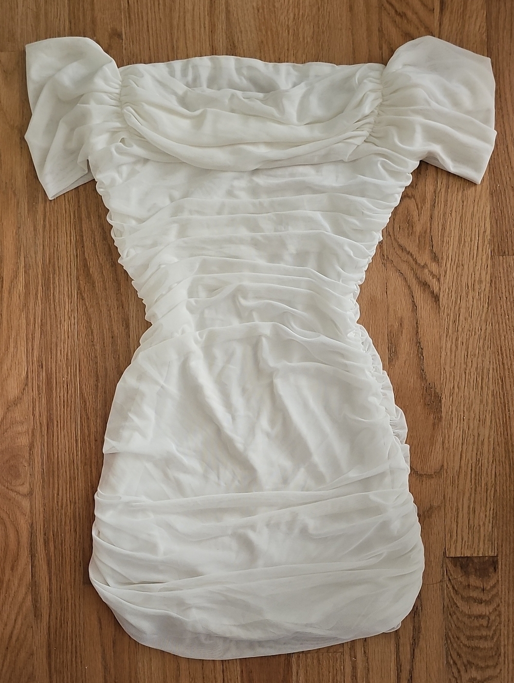 NWOT Elegant White Ruched Off-Shoulder Dress